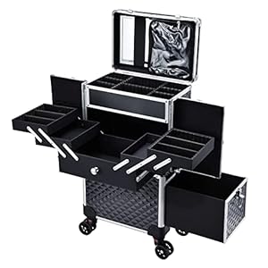 Kosmetik Trolley Friseurkoffer mit Schublade und Spiegel Kosmetikkoffer mit 4 Tabletts Make up Koffer Groß Schminkkoffer Nagelkkoffer Abschließbare Beauty Case Friseur Box,Schwarz
