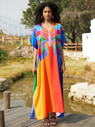 Image of IMAGEKOPE Kaftan Dresses for Women Plus Size Bathing Suit Cover up Vneck Batwing Dress Loose fit Moroccan Caftan mumu Dresses