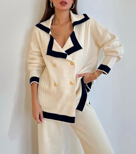 chouyatou Women's Double Breasted Color Block Knit Cardigan Sweater Notched Lapel Oversized Jacket Coat3