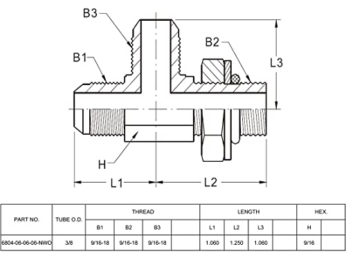 Image of (4-PACK) 6804-06-06-06-NWO Hydraulic Adapter Fitting Run Tee 3 /8 inch Male JIC 37(9 /16 inch-18UNF) x 3 /8 inch Male Adjustable O-Ring Boss (9 /16 inch-18UNF) x 3 /8 inch Male (9 /16 inch-18UNF) Carbon Steel