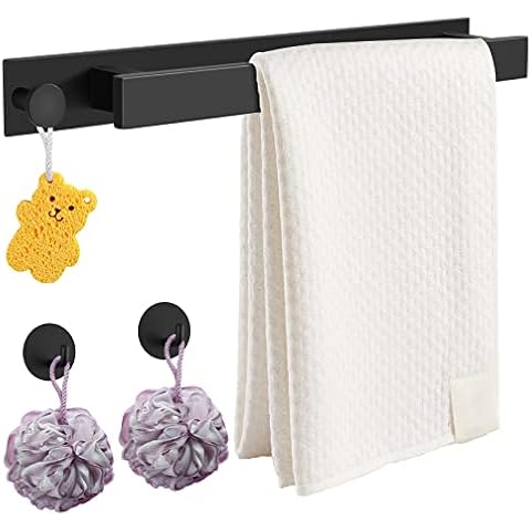 FUNYKICH Bathroom Towel Rail, Self Adhesive Towel Rail Black Towel Holder with 2 Hooks for Bathroom Kitchen, 40cm, SUS304 Stainless Steel, No Drilling Installation Cover