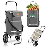 Sekey XXL Faltbarer Einkaufstrolley, extra groß 60 L klappbarer Trolley, 3-in-1 Leichter Einkaufswagen mit höhenverstellbarem Griff, Aluminium, Kühlfach und Getränkefach für Camping und Einkäuf, Grau