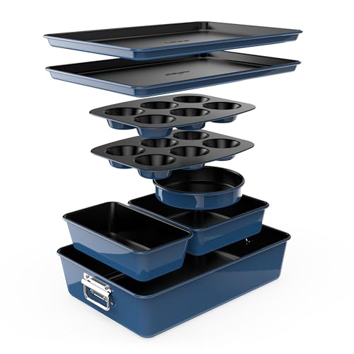 NutriChef 8-Piece Nonstick Stackable Bakeware Set - PFOA, PFOS, PTFE Free Baking Tray Set w/Non-Stick Coating, 450°F Oven Safe, Round Cake, Loaf, Muffin, Wide/Square Pans, Cookie Sheet (Blue) NutriChef 8-Piece Nonstick Stackable Bakeware Set - PFOA, PFOS, PTFE Free Baking Tray Set w/Non-Stick Coating, 450°F Oven Safe, Round Cake, Loaf, Muffin, Wide/Square Pans, Cookie Sheet (Blue)
