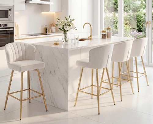 Image of EALSON Counter Height Bar Stools Set of 4 Modern Bar Chairs with Back Velvet Upholstered Barstools with Gold Footrest Comfortable Island Chairs for Kitchen Counter /Home Bar /Dining Room, Beige