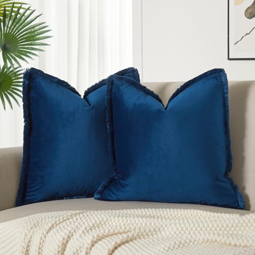JUSPURBET Navy Blue Decorative Velvet Fringe Throw Pillow Covers 24x24 Set of 2 Boho Soft Cushion Case for Home Decor Living Room Couch Sofa Bed