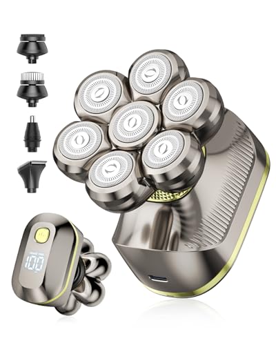 TEPOTZ 7D Electric Head Shavers for Bald Men Waterproof Wet & Dry Electric Razor 5-in-1 Grooming Kit for Home & Travel Head Shaver with LED Display 120 Min Great Gift for Men-Steel Gold