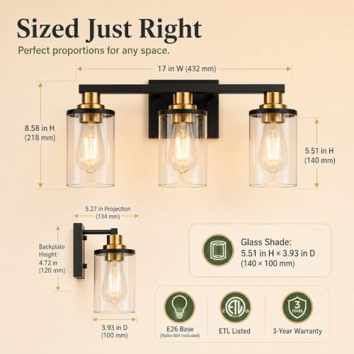 Image of L LOHAS LED 3-Light Bathroom Vanity Light, Black and Gold