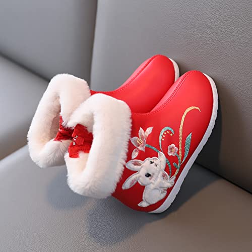 Girls Hanfu Shoes Embroidered Shoes Short Boots Embroidered Shoes Ethnic Style Plus Velvet Boots Toddler Girl (Red, 28)4