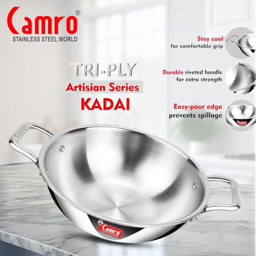 Image of Camro Triply Artisian Kadhai with Lid 18 Cm, 1 Liters | Kadhai for Deep Frying | Induction Base | Kadai for Cooking | Induction Friendly Dishwasher Safe