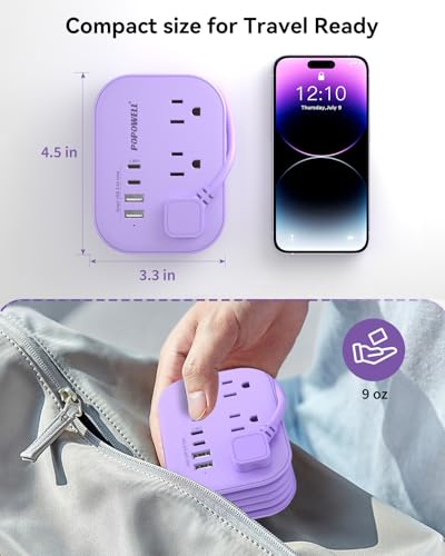 Image of Purple Extension Cord-, 5 FT Kawaii Travel Power Strip, 1250W Cute Extension Cord with 3 AC Outlet 4 USB Desktop Charging Station, Purple Desk Accessories for Cruise Essentials, Travel, Home, Dorm.