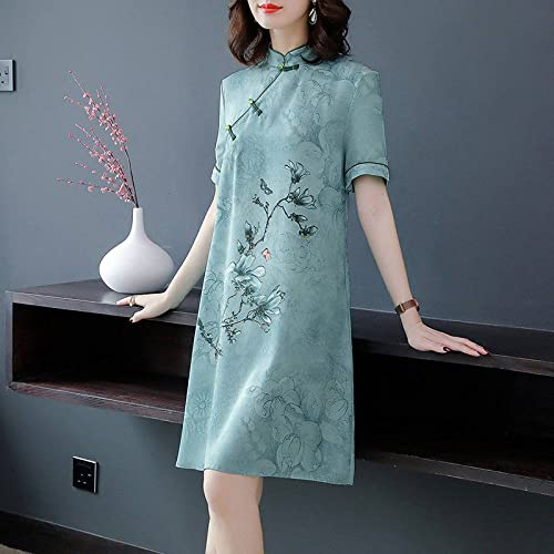 CIDCIJN Chinese Dress - China Traditional Elegant Cheongsam Dresses Robe Orientale Clothing Chinese Styles Vintage Women Hanfu Midi Qipao Tang Suit,Green,M Cover