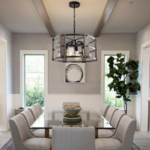 Rustic Farmhouse Chandelier, 4 Lights Pendant Light Fixture, Adjustable Height, Grey Vintage Wood Hanging Pendant Lighting for Entryway Kitchen Island Foyer Dining Room Living Room Bedroom Rustic Farmhouse Chandelier 4 Lights Pendant Light Fixture Adjustable Height Grey Vintage Wood Hanging Pendant Lighting for Entryway Kitchen Island Foyer Dining Room Living Room Bedroom