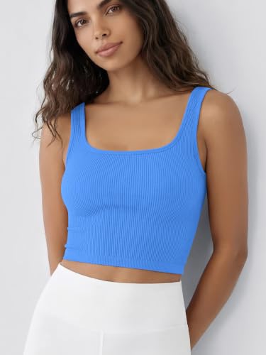 Image of ODODOS 3-Pack Seamless Square Neck Crop Tank for Women Ribbed Knit Soft Low Back Cropped Tops