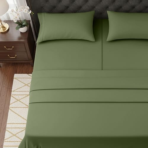 Image of Elegant Comfort Luxurious 1500 Premium Hotel Quality Microfiber Three Line Embroidered Softest 5-Piece Bed Sheet Set, Wrinkle and Fade Resistant, Split King, Sage-Green