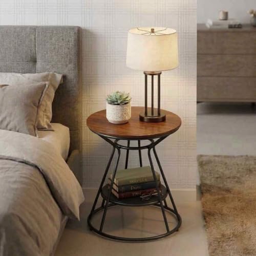 Image of Al Hama Modern Round Coffee End Table with Engineered Wood Top and Metal Frame for Small Spaces Sofa Side 2-Tier Storage Shelf for Laptop Work (Black Brown)