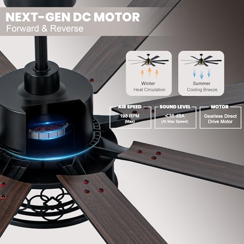 Image of Dawn Whisper 72 Inch Ceiling Fans with Lights Black Farmhouse Ceiling Fan with Remote Quiet Reversible DC Motor 6 Speeds 8 Blades