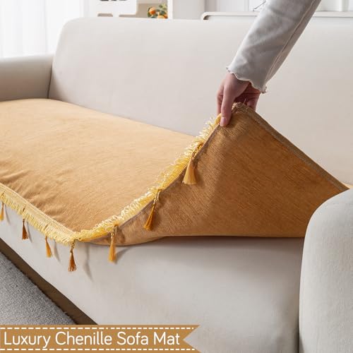 Image of HOKIPO 'Serenity Tassel' Chenille Sofa Cover 5 Seater Set with Tassels - Washable 3+1+1 Sofa Cover Mat | Sunlit Amber (IN-890 * 2 + IN-892 - GLD)
