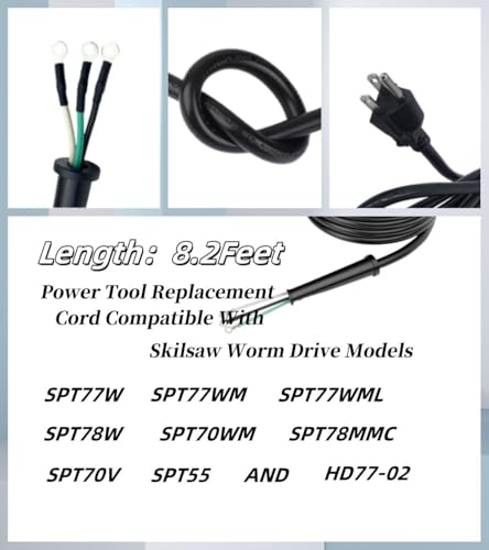 Image of 95104L Heavy-Duty Replacement Power Cord for SKILSAW Worm Drive Saws SPT77WM, SPT77WML, SPT78W - 3 Pin, 8.2FT /2.5M Black Cord
