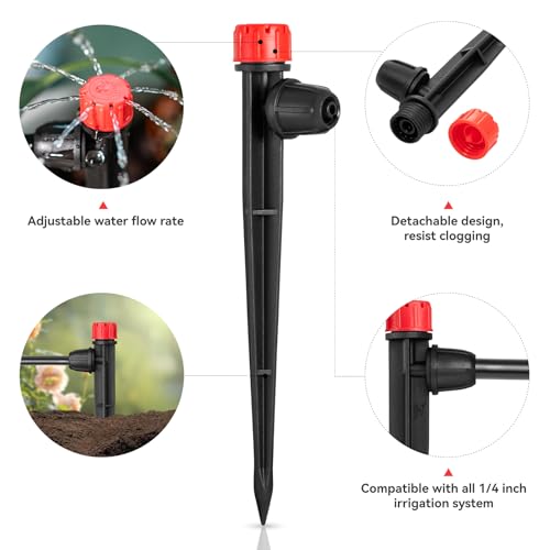 Image of Drip Irrigation Emitters for 1 /4 inch Tubing: 25pcs Drippers with Lock Barbed | Adjustable 360 Degree Water Flow, 5 inch Arrow Stake, Irrigation Drippers for Diy Garden Watering System Kit