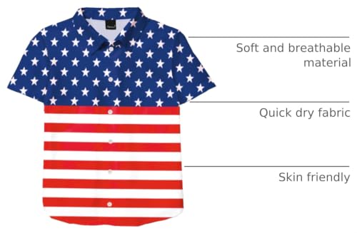 Image of Remimi Unisex Kids 4th of July Button Up Shirt Boys American Flag Print Hawaiian Beach Short Sleeve Tops 5-14 Years