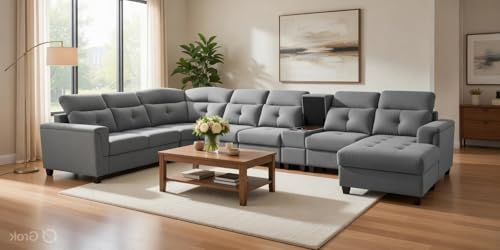 Image of Mishel 12 Seater Sofa Set for Living Room | Sectional U Shaped 12 Seater Sofa with Storage & Cupholder (Light Grey Fabric, RHS)