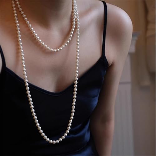 Long Pearl Necklaces for Women,Vintage Elegant Faux White Pearl Multi Strand Layered Beads Necklaces Charm Bridal Wedding Party Prom Choker Necklace 1920s Costume Jewelry4