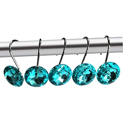 Adwaita Decorative Shower Curtain Hooks, Acrylic Crystal Rhinestones, Set of 12 (Teal) Cover