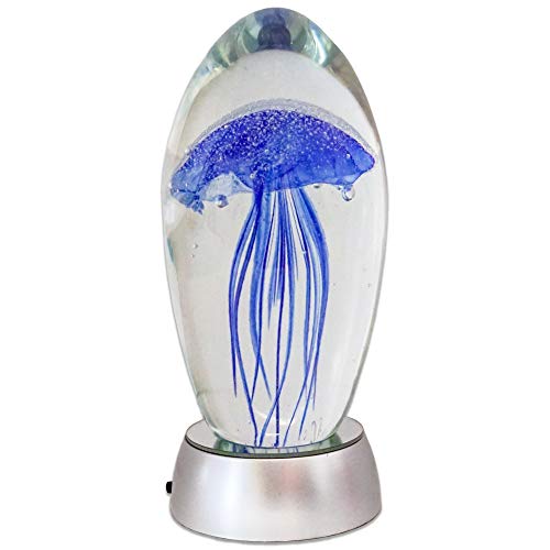 HALF OFF PONDS - 6 inch Blue Glass Jellyfish Paperweight, Glow In The Dark with 6-Color Changing LED Lighted Base Stand
