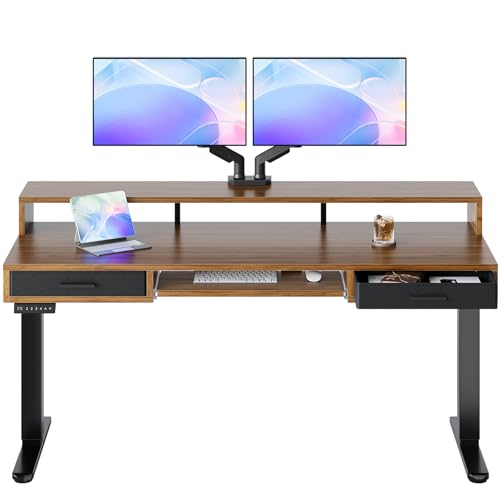 Image of HUANUO 63″ x 26″ Electric Standing Desk with 2 Drawers &24.4″ Large Keyboard Tray, C-Clamp Mount Compatible, Adjustable Computer Desk for Office, Sit Stand Up Desk with 4 Height Presets, Deep Walnut