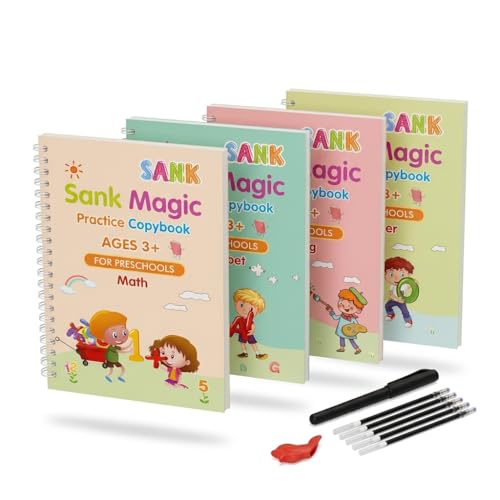 Image of Magic Practice Copybook Set for Kids (4 Books + 1 Pen + 10 Refills) | Reusable Number & Alphabet Tracing Book | Magic Calligraphy Writing Practice Book for Preschool Learning Tool