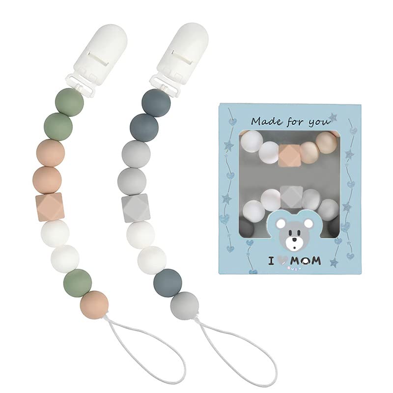 Image of Pacifier Clips for Baby Boys Girls Silicone Beads Pack of 2 Soft Flexible Binky Clips (Grey+Green)