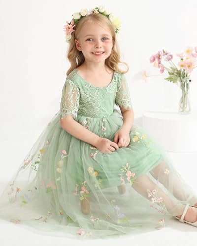 Flower Girl Lace Back V-Neck Dress Full-Length Floral Embroidered Toddler Tutu Tulle Dresses for Girls4
