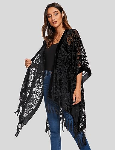 WeHello Women\'s Burnout Velvet Kimono Long Cardigan Cover Up with Tassel (Black 2)