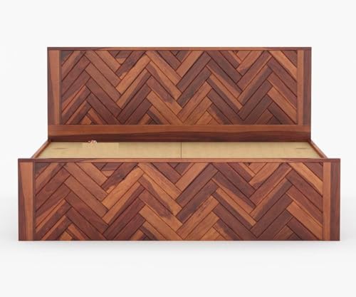 Image of Sheesham Wood Queen Size Bed Without Storage | Wooden Bed Queen Size Double Cot Palang Bed for Bedroom | Zigzag Design Headboard Bed for Living Room | Honey Finish
