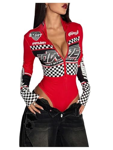 GORGLITTER Womens Race Car Driver Shapewear Bodysuit Turtleneck Long Sleeve Zip Up Costume Graphic Racer Bodysuit Red Medium