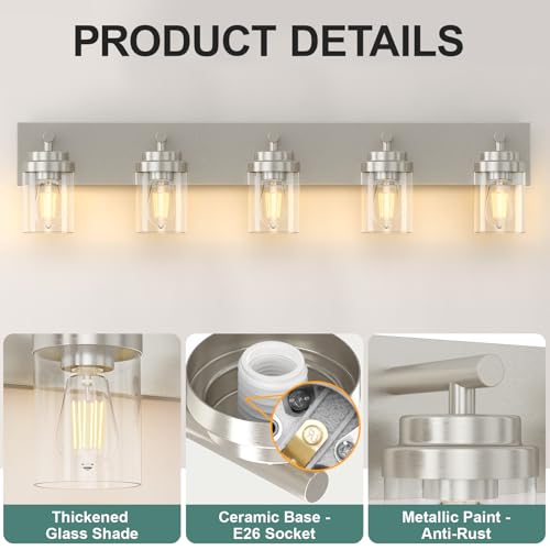 Image of IZORRO Bathroom Vanity Light Fixture, 5-Light 36 Inch Brushed Nickel Bathroom Light Fixtures Over Mirror, with Clear Glass Shade, Modern Farmhouse Vanity Lights, Rustic Restroom Lighting Fixtures
