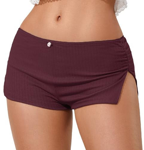 Image of KMBANGI Y2k Sexy Micro Shorts for Women Low Waist Side Slit Boyshort Slim Booty Shorts Lounge Pj Bottom Cute Sleepwear