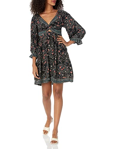 Angie Women's Long Sleeve Twist Front Keyhole Tiered Skirt Dress, Black, Large #TOP23