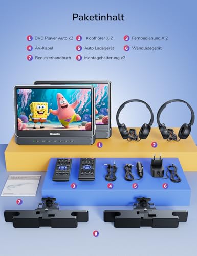GOnavidio 12\ DVD Player Auto 2 Bildschirme mit 1080P HDMI-Eingang, Tragbarer Fernseher Kopfstütze 2 Monitore für Kinder Unterstützt Letzter Speicher, Regionsfrei, AV In/Out, USB-SD-Karte