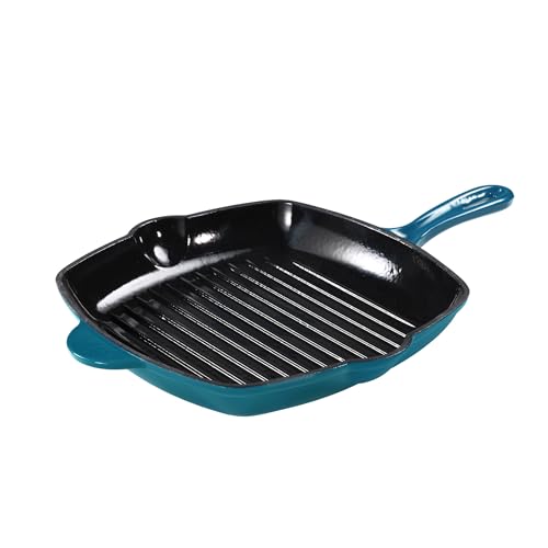 CAROTE Cast Iron Grill Pan Skillet Frying Pan, Oven, Stovetop, Grill, Campfire & Induction Compatible, Durable, Non-Toxic, Even-Heating Cookware, Blue, Square, 10