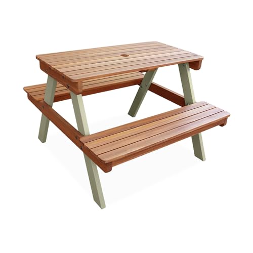 sweeek - Table de Pique-Nique. Salon de Jardin Enfant Bois d'acacia + 2 Places Couleur Teck Clair et Vert de Gris
