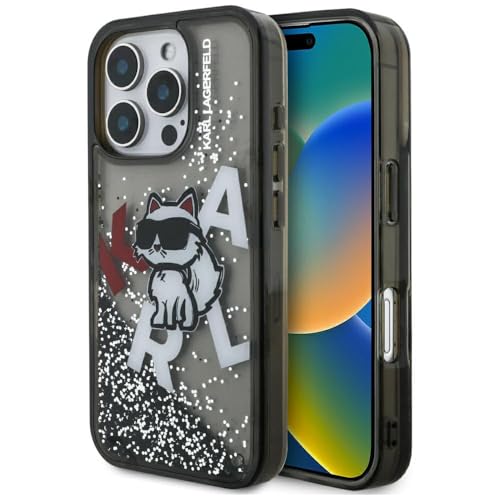 CG MOBILE Karl Lagerfeld Coque de protection avec logo Choupette liquide Ă paillettes pour iPhone 16 Pro Max (noir)