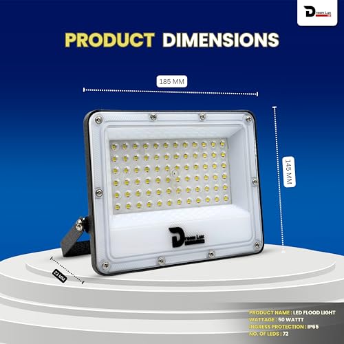 Image of Dreamlux LED Flood Light 50W, IP65 Waterproof Outdoor Light, Cool White 6500K, 130-140 lm /W, Aluminum Body, 6kV Surge Protection, BIS Certified Security Light (Pack of 3pc)