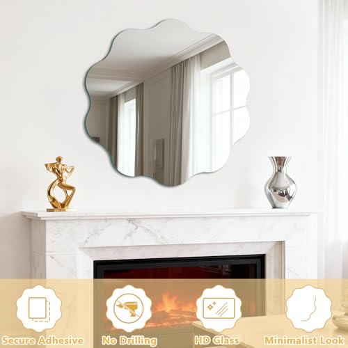 TSKDKIT Wall Mirror 30 cm Stick On Mirror for Walls, Self Adhesive Frameless HD Glass Mirrors Wavy Mirrors for Bathroom, Hallway, Bedroom - Image 2