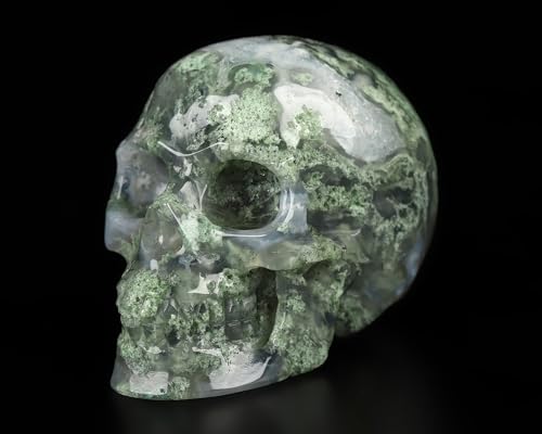 Green Moss Agate Crystal Skull, Hand Carved Gemstone Fine Art Sculpture, Reiki Healing Stone Statue.
