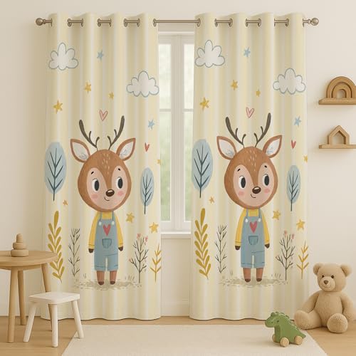Image of STITCHNEST Velvet Kids Curtains Pack of 1 | Cartoon Deer & Forest Print | Semi Blackout Curtains for Nursery, Baby & Toddler Room | 7 Feet