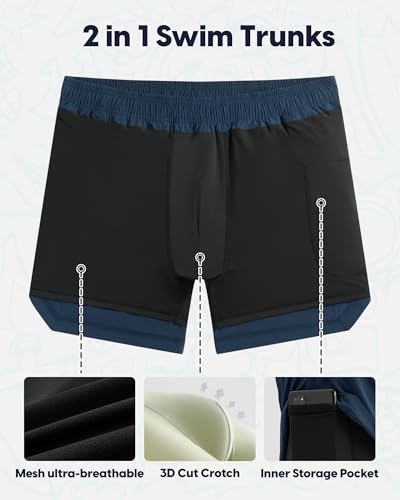Image of maamgic Mens Swim Trunks 5 inch with Compression Liner Stretch Quick Dry Swim Shorts Swimming Trunks Bathing Suits
