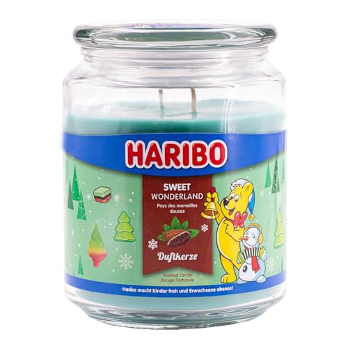 Haribo Duftkerze im Glas | Sweet Wonderland 510g | 100h Brenndauer | Duftkerze Süß | 2 Dochte | Glas | Winterduft | Geschenkidee für Weihnachten