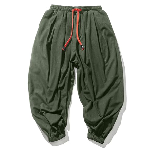 Mens Casual Harem Pants, Elastic Waist Drawstring Cotton Linen Cropped Trousers Street Plus Size Lightweight Pants2