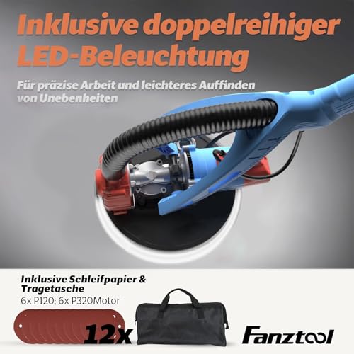 FANZTOOL Trockenbauschleifer 750W mit Integriertem Staubsauger, Ø 225 mm, bis 120° Neigbarer Schleifkopf,1,9m Teleskopierbar,Wand & Deckenschleifer inkl. 12 Schleifscheiben & LED-Arbeitsleuchte